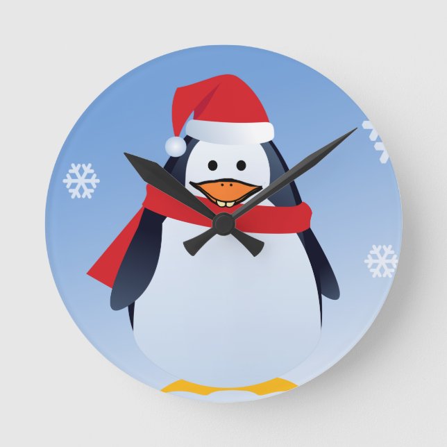 Horloge Ronde Funny Penguin Noël Père Noël Snowflakes (Recto)