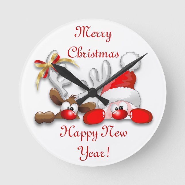 Horloge Ronde Funny Santa and Reindeer Cartoon Wall Clock (Recto)