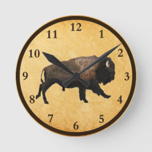 Horloge Ronde Galloping bison On Old Paper Round Clock