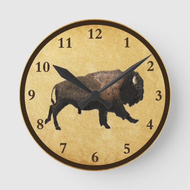 Horloge Ronde Galloping bison On Old Paper Round Clock (Recto)