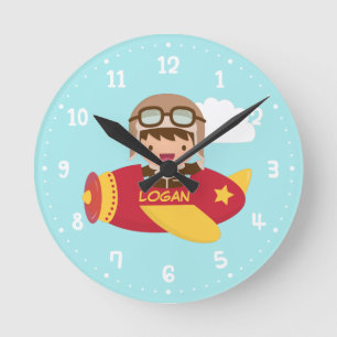 Horloge Ronde Garçon Aviateur Mignon Décoration de Chambre d'Enf