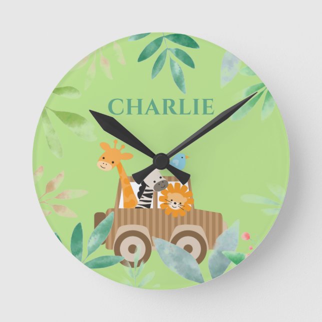 Horloge Ronde Garçons Joli Safari Animaux sauvages Nursery Enfan (Recto)