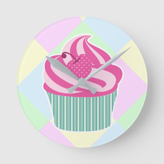 Horloge Ronde Gâteau Cupcake Rose Pastel Mignon (Recto)