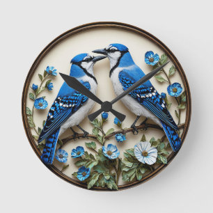 Horloge Ronde Geais bleus stylisés sur papier botanique décorati