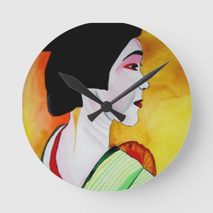 Horloge Ronde Geisha japonais avec kimono vert art original