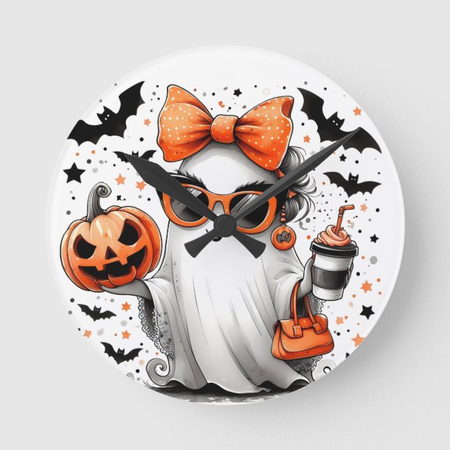 Horloge Ronde Ghost d'Halloween drôle (Recto)