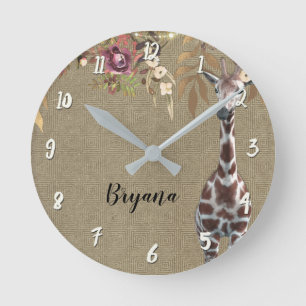 Horloge Ronde Girafe Florale Brun Chic Rustique Personnalisé