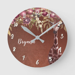 Horloge Ronde Girafe Florale Brun Rustique Chic Personnalisé