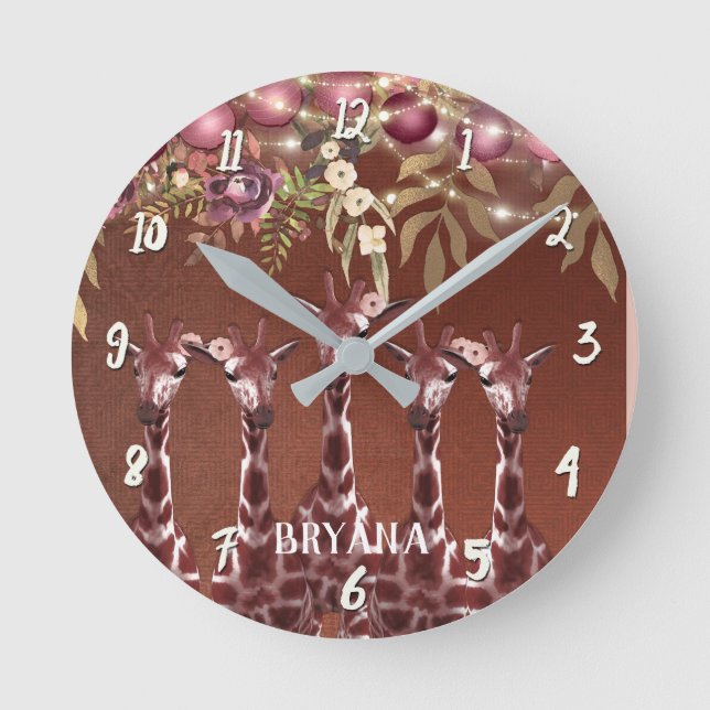 Horloge Ronde Girafes Girafe Floral Rustique Brun Personnalisé (Recto)