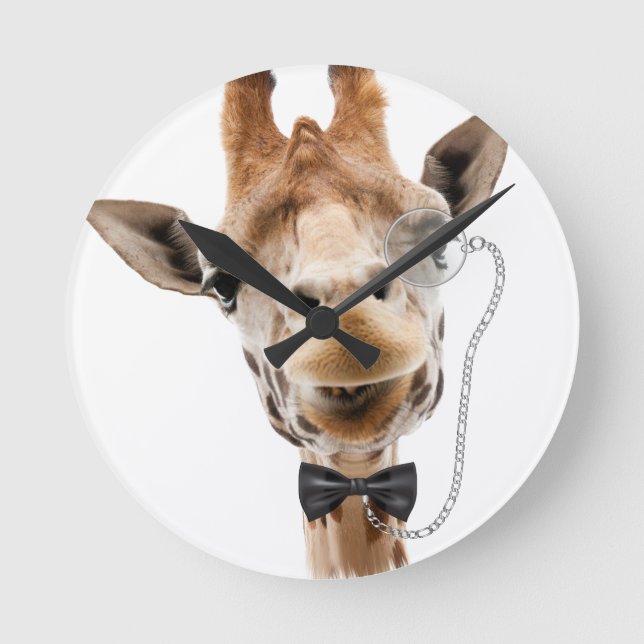 Horloge Ronde Giraffe drôle avec Bowtie et Monocle (Recto)