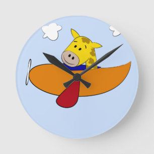 Horloge Ronde Giraffe en Avion Enfants