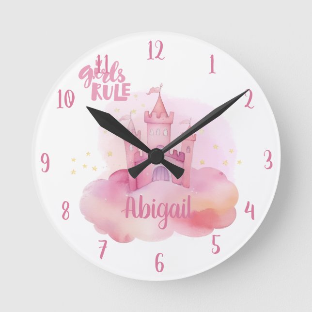 Horloge Ronde Girl Rule Palace sur le nuage rose personnalisable (Recto)