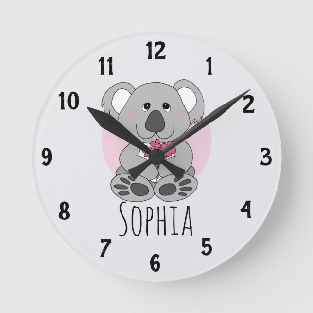 Horloge Ronde Girls Cute Koala Bear with Flowers Kids Nursery (Recto)