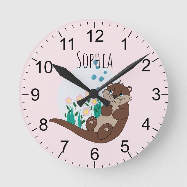 Horloge Ronde Girls Cute Pink Otter Flowers and Name Kids (Recto)