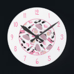 Horloge Ronde Girly Pink Accessoires Clock<br><div class="desc">A clock featuring illustrations of purses,  perfume bottles,  lipstick,  rubies,  and cat eye sungure and pink numbers.</div>