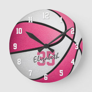 Horloge Ronde girly pink white personalized basketball