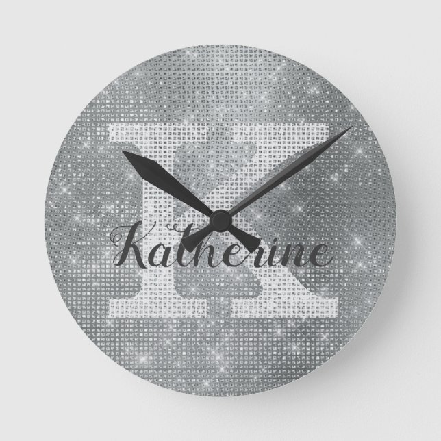 Horloge Ronde Girly Silver Glitter Sparkle Glam Monogram (Recto)