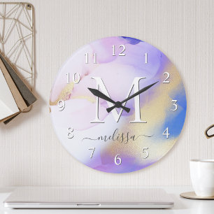Horloge Ronde Glam Lilac Gold Abstrait Peinture Élégant Monogram