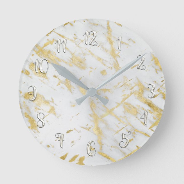 Horloge Ronde Glam Marble Moderne Personnalisé Blanc & Or (Recto)