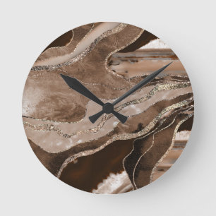 Horloge Ronde Glam Parties scintillant or Brown en marbre Agate 