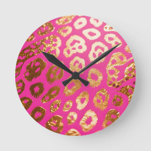 Horloge Ronde Glamour Imprimé Léopard Or Rose Chaud