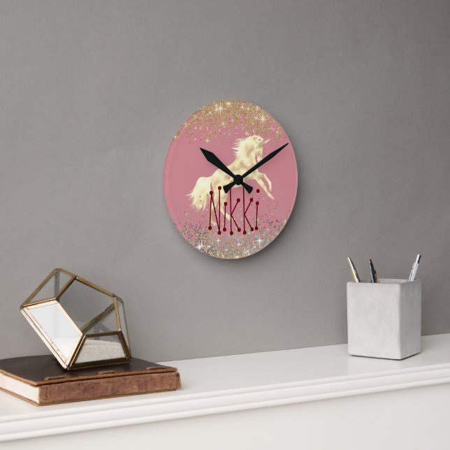 Horloge Ronde Glittery Gold Unicorn sur Pino Personnalisé (Bureau)