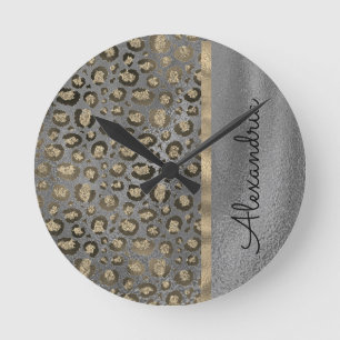 Horloge Ronde Glittery Leopard Print on Glossy Grey