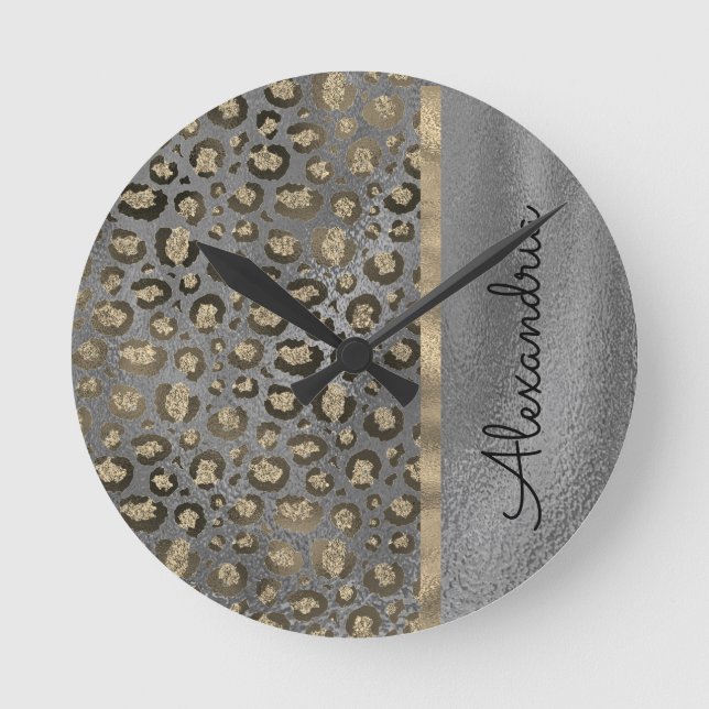 Horloge Ronde Glittery Leopard Print on Glossy Grey       (Recto)