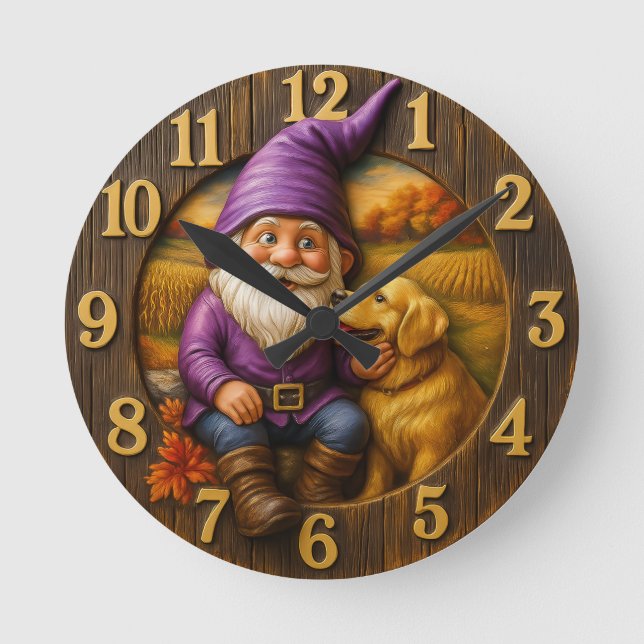 Horloge Ronde Gnome et chien automnal cosy  (Recto)