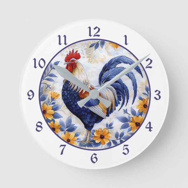 Horloge Ronde Gold Floral Blue Rooster Farmhouse (Recto)