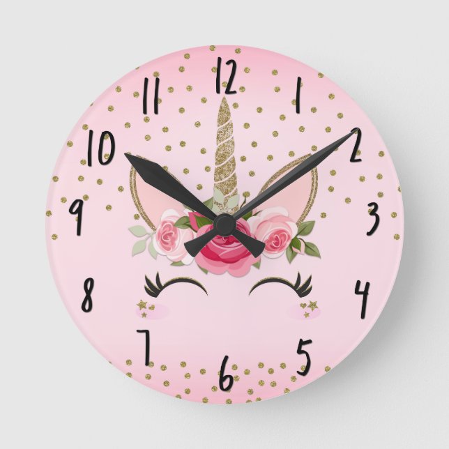 Horloge Ronde Gold Glitter & Pink Floral Unicorn (Recto)