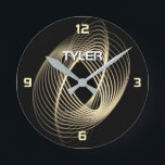 Horloge Ronde Gold Light Spiral, Gold Numbers, DIY Nom en blanc<br><div class="desc">Gold Light Spiral and Gold Numbers with DIY Name in white text with only 4 hour markings.</div>