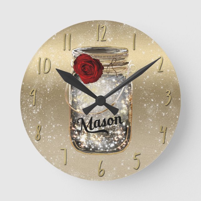 Horloge Ronde Gold Sparkle Glam Red Rose Mason Jar (Recto)