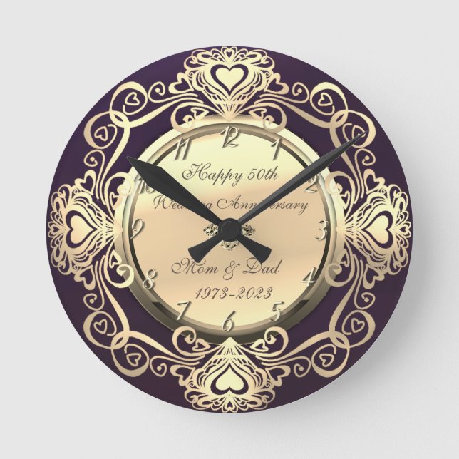 Horloge Ronde Gold Swirls Coeurs Diamond Violet 50e Mariage (Recto)