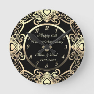 Horloge Ronde Gold Swirls Hearts Diamond 50e Mariage