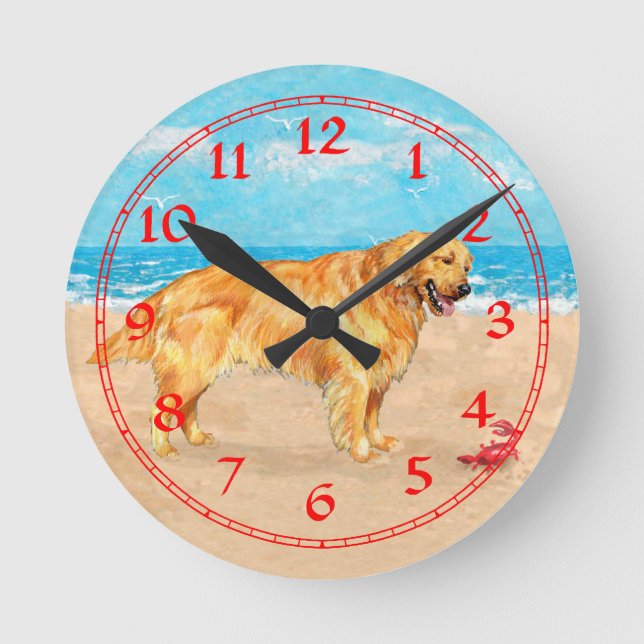 Horloge Ronde Golden Retriever à la Plage (Recto)