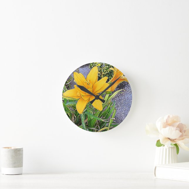 Horloge Ronde Golden Yellow Daylily Flowers Bud Photo Elle Shed (Maison)
