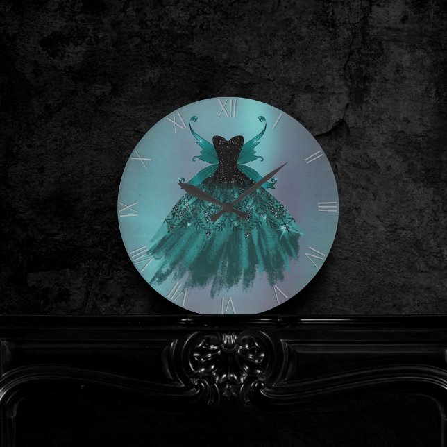 Horloge Ronde Gothic Fairy Teal Gown | Deep Midnight Green Sheen (Créateur téléchargé)