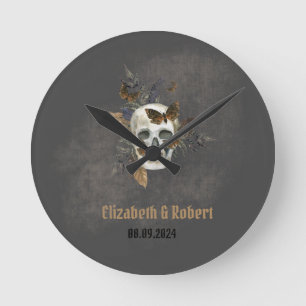 Horloge Ronde Gothique Floral Mariage papillons crâne