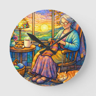 Horloge Ronde Grand-mère au vitrail tricotant, chat et maison co