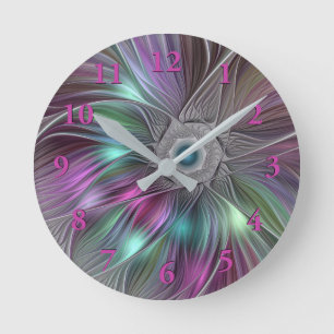Horloge Ronde Grande Fleur colorée Abstraite Trippy Fractal Art