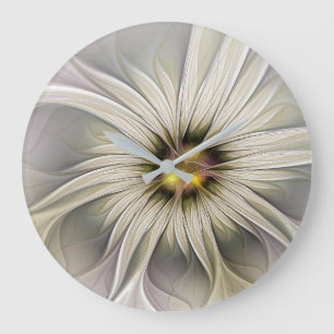 Horloge Ronde Grande Fleur d'ivoire, Abstrait Art Fractal Modern