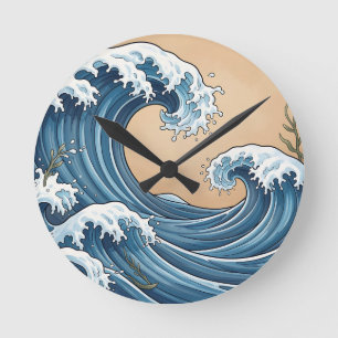 Horloge Ronde Grandes vagues de l'océan bleu de style japonais
