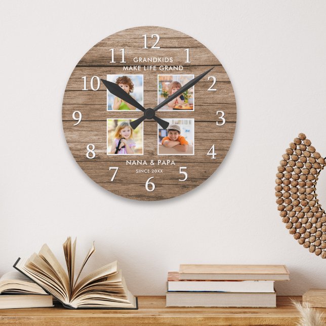 Horloge Ronde Grandkids Make Life Grand 4 Photo Collage Wood (Créateur téléchargé)
