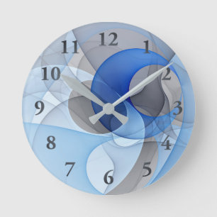 Horloge Ronde Graphique d'art fractal gris bleu Abstrait moderne