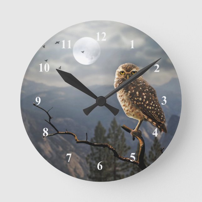 Horloge Ronde Graphique de la lune d'hibou éffrayant (Recto)