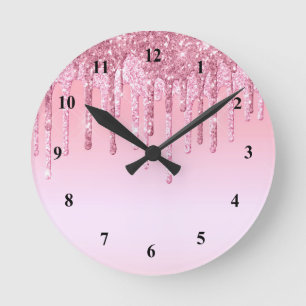 Horloge Ronde Graphique des gouttes de Parties scintillant rose 