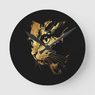 Horloge Ronde Graphique Élégant Chat Noir et Or Texturé