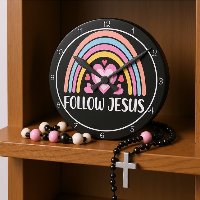 Horloge Ronde Graphisme arc-en-ciel de Jésus avec cœurs (Créateur téléchargé)