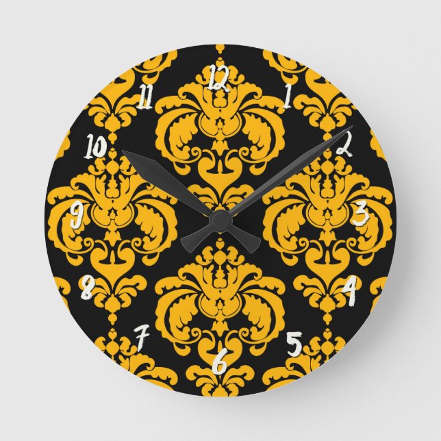 Horloge Ronde Gras Jaune & Noir Damas Moderne Personnalisé (Recto)